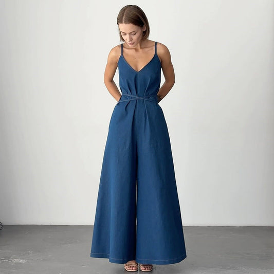 Women's jumpsuit – wide leg – loose fit – sleeveless – linen blend – V-neck – tie belt