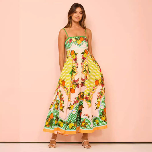 Women's midi dress – A-line fit – Smocked bodice – Spaghetti straps – Patterned