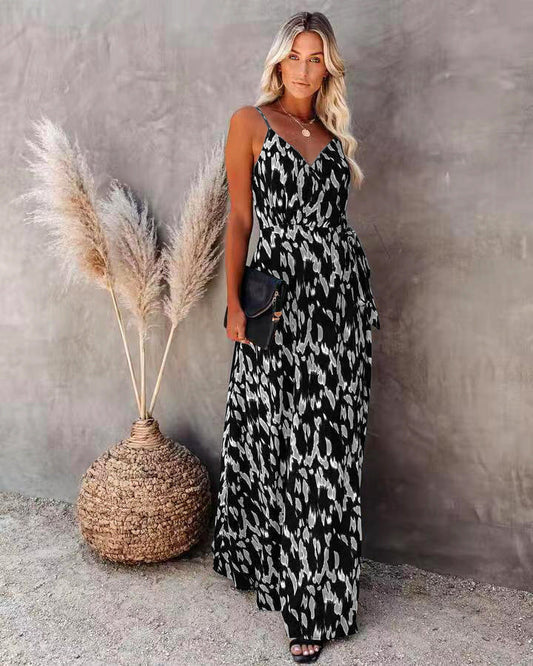 Dress for Women – Slim Fit – A-line – Spaghetti Straps – V-neck – Patterned