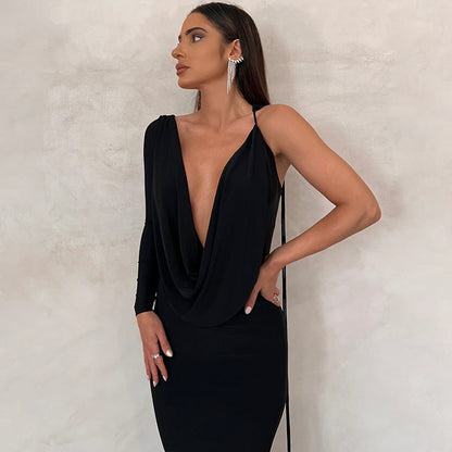 Dress for Women – Floor-length Evening Dress – One Shoulder – Draped Neckline – Tight Fit