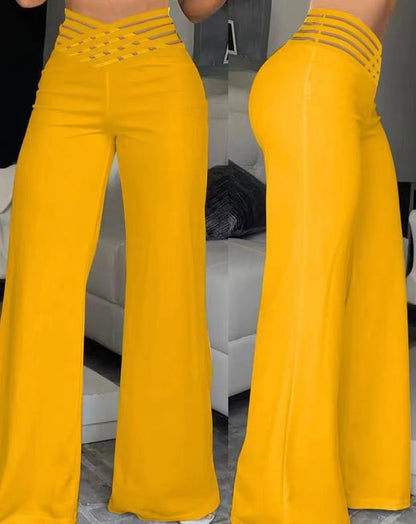 Women's Pants – High Waist – Wide Legs – Decorative Waistband – Full Length – Stretch Comfort