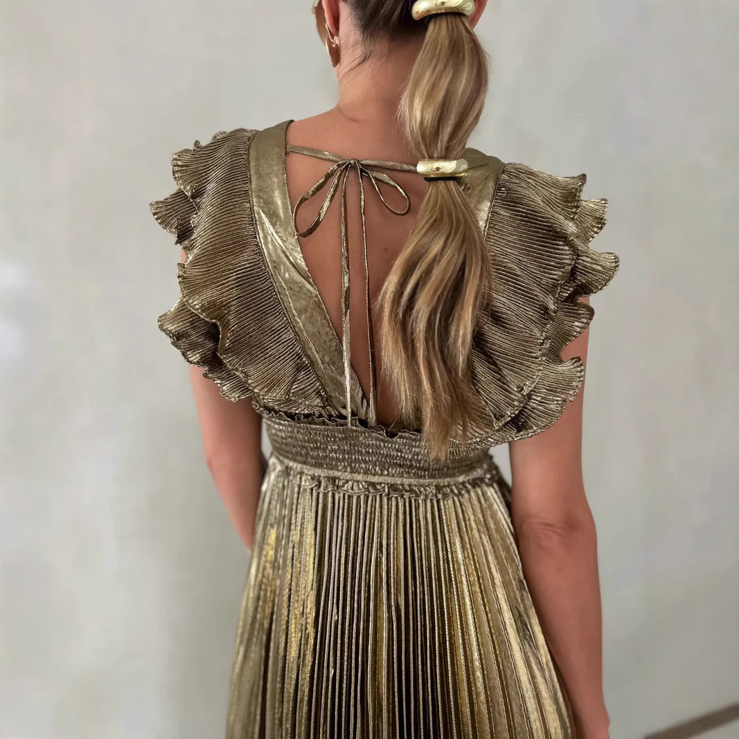 Dress for Women – A-line Fit – Satin Feel – Ruffled V-neck – Pleated Maxi Skirt