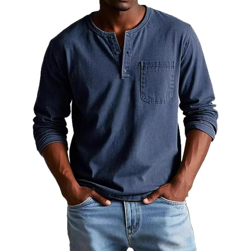 Men's Long-Sleeve T-Shirt – Slim Fit – Breathable Fabric – Button Neck and Chest Pocket