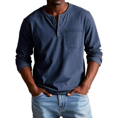 Men's Long-Sleeve T-Shirt – Slim Fit – Breathable Fabric – Button Neck and Chest Pocket