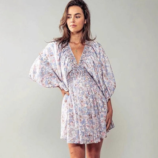 Dress for Women – Mini Length – A-Line Fit – V-Neck – Floral Print – Ruffle Sleeves