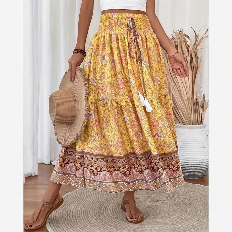 Women's Long Skirt – Bohemian Floral Print – Elastic Waist – Airy Cotton Blend
