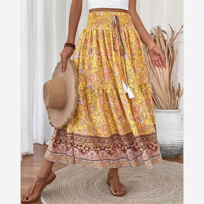 Women's Long Skirt – Bohemian Floral Print – Elastic Waist – Airy Cotton Blend