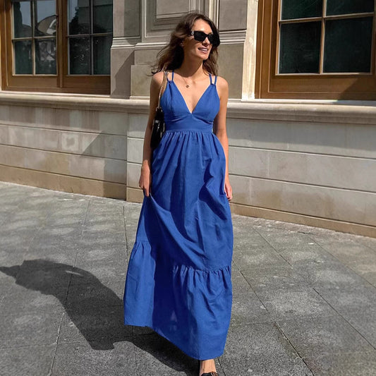 Women's maxi dress – cotton linen blend – sleeveless – V-neck – A-line fit