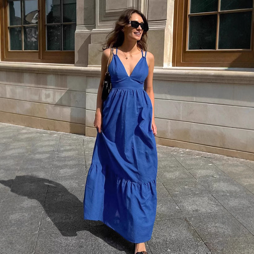 Women's Maxi Dress – Cotton Linen Blend – Sleeveless – Loose A-Line – V-Neck