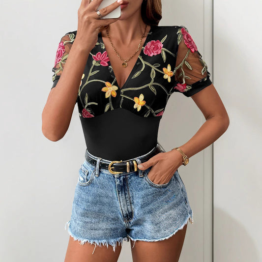 Women's Bodysuit – Slim Fit – V-neck Mesh – Short Sleeve with Embroidered Floral Design