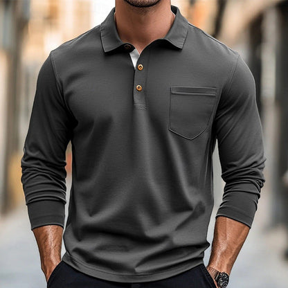 Men's long sleeve polo shirt – Slim fit – Cotton blend – Chest pocket