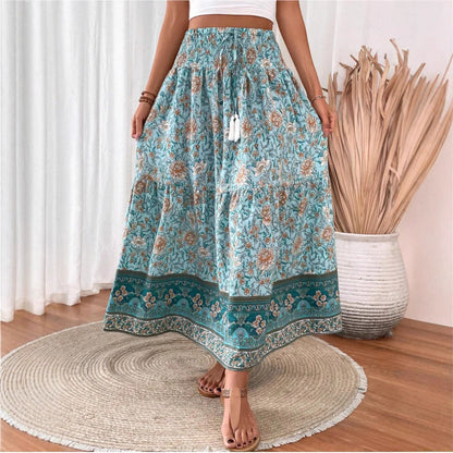 Women's Long Skirt – Bohemian Floral Print – Elastic Waist – Airy Cotton Blend