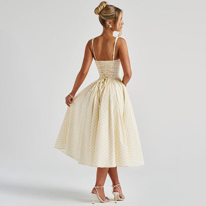 Dress for Women – Midi Length – Princess Cut – Check Pattern – Thin Straps – Cotton
