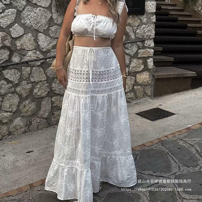 Women's Set – Off-Shoulder Lace Top – High Waist Skirt with Ruffles and Lacing