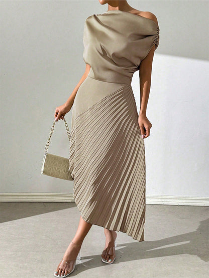 Dress for Women – Asymmetric Midi Length – One Shoulder – Pleated and Form-Fitting Design