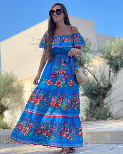 Dame Maxi Kjole – Off Shoulder – Blomsterprint – Rysjetopp – Belte i Midjen