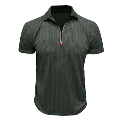 Men's Pique T-Shirt – Ribbed Knit – Zipper Neck – High Collar – Regular Fit