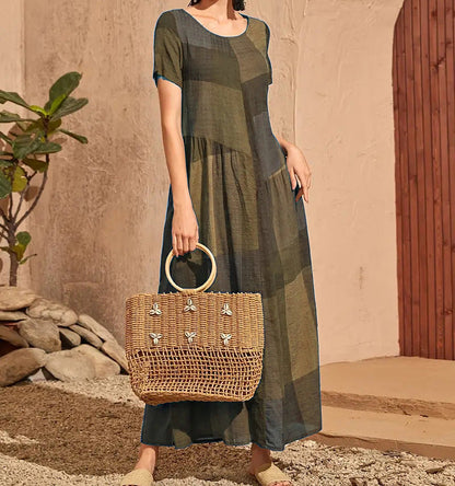 Dress for Women – Long A-line – Checkered – Short-sleeved – Loose Fit – Cotton