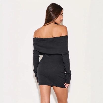 Dress for Women – Off-shoulder – Slim Fit – Ribbed Knit – A-line – Mini Length – Buttons