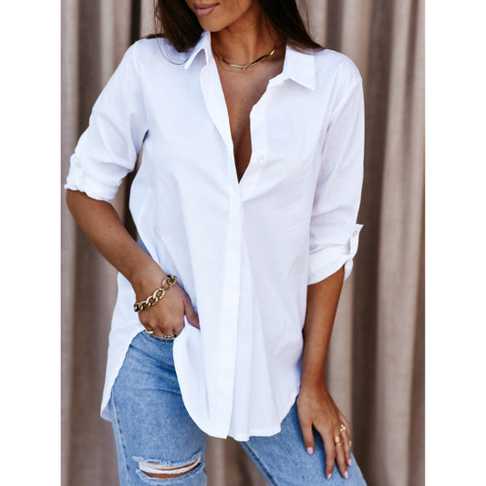 Women's Blouse – V-Neck – Relaxed Fit – Breathable Fabric – Long Sleeves with Button Cuff