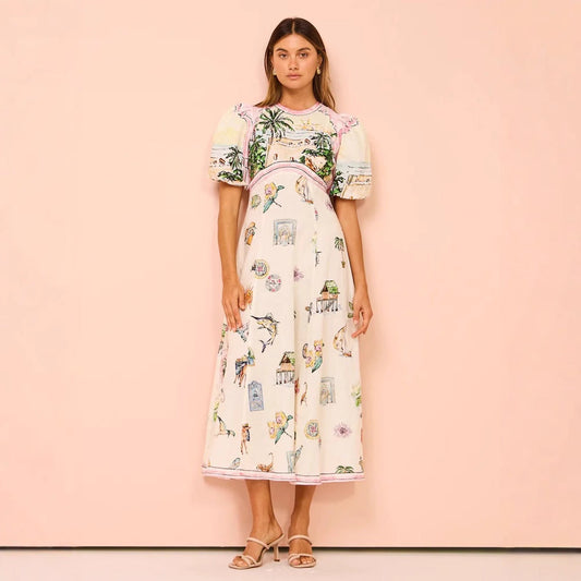 Dress for Women – A-line – Light Cotton Blend – Puff Sleeves – Artistic Print