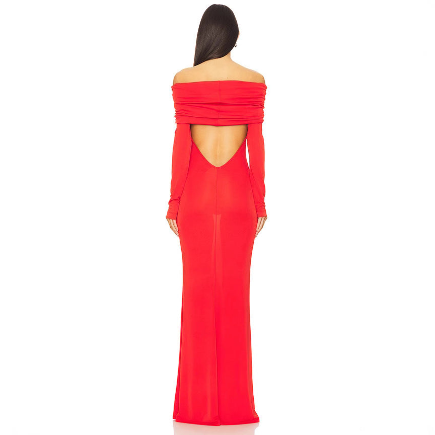 Dress woman – Slim fit – Off-shoulder – Draped neckline – Full length – Elegant