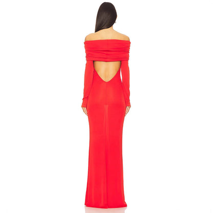 Dress woman – Slim fit – Off-shoulder – Draped neckline – Full length – Elegant