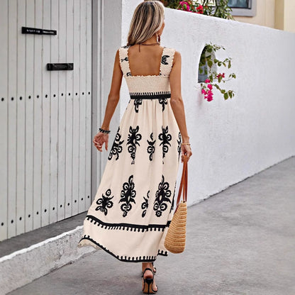 Women's Maxi Dress – Cotton – Loose Fit – Bohemian Pattern – Straps with Ruffles