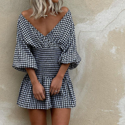Women's Mini Dress – Cotton Blend – V-Neck – Puff Sleeves – Elastic Waist – Checkered Pattern
