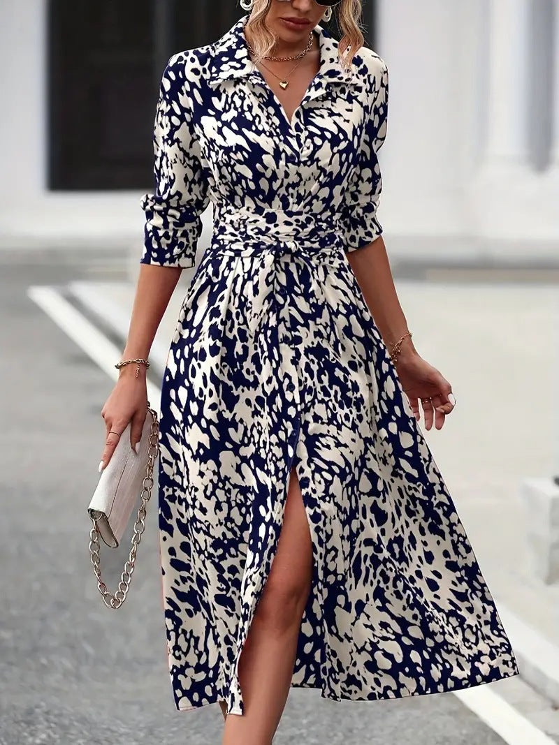 Dress for Women – A-line – Knee-length – Buttons – Long Sleeves – Breathable Fabric – Waist Belt