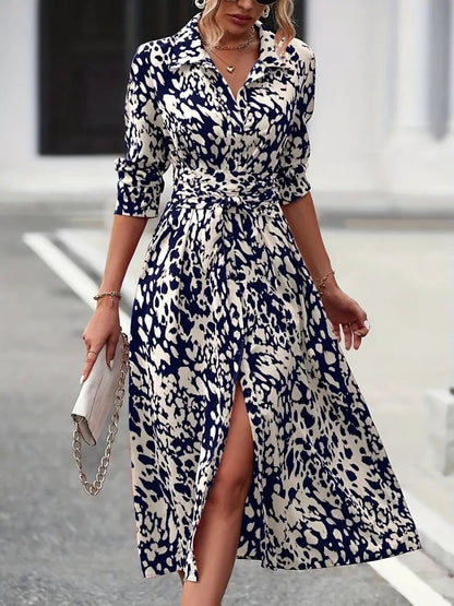 Dress for Women – A-line – Knee-length – Buttons – Long Sleeves – Breathable Fabric – Waist Belt