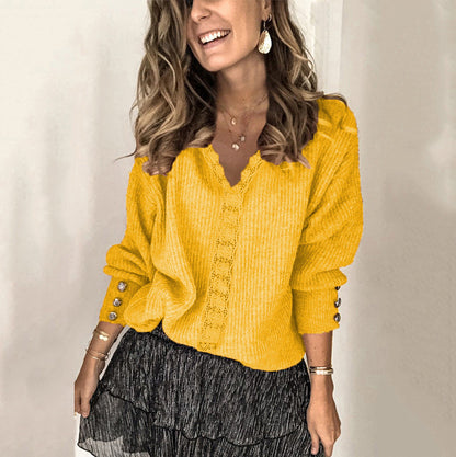 Women's Sweater – Knitted – Relaxed Fit – V-Neck – Buttons on the Sleeves