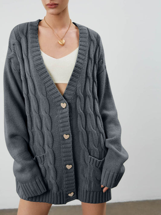 Women's Cardigan – Oversized Fit – Chunky Knit – Cable Pattern – Heart Buttons