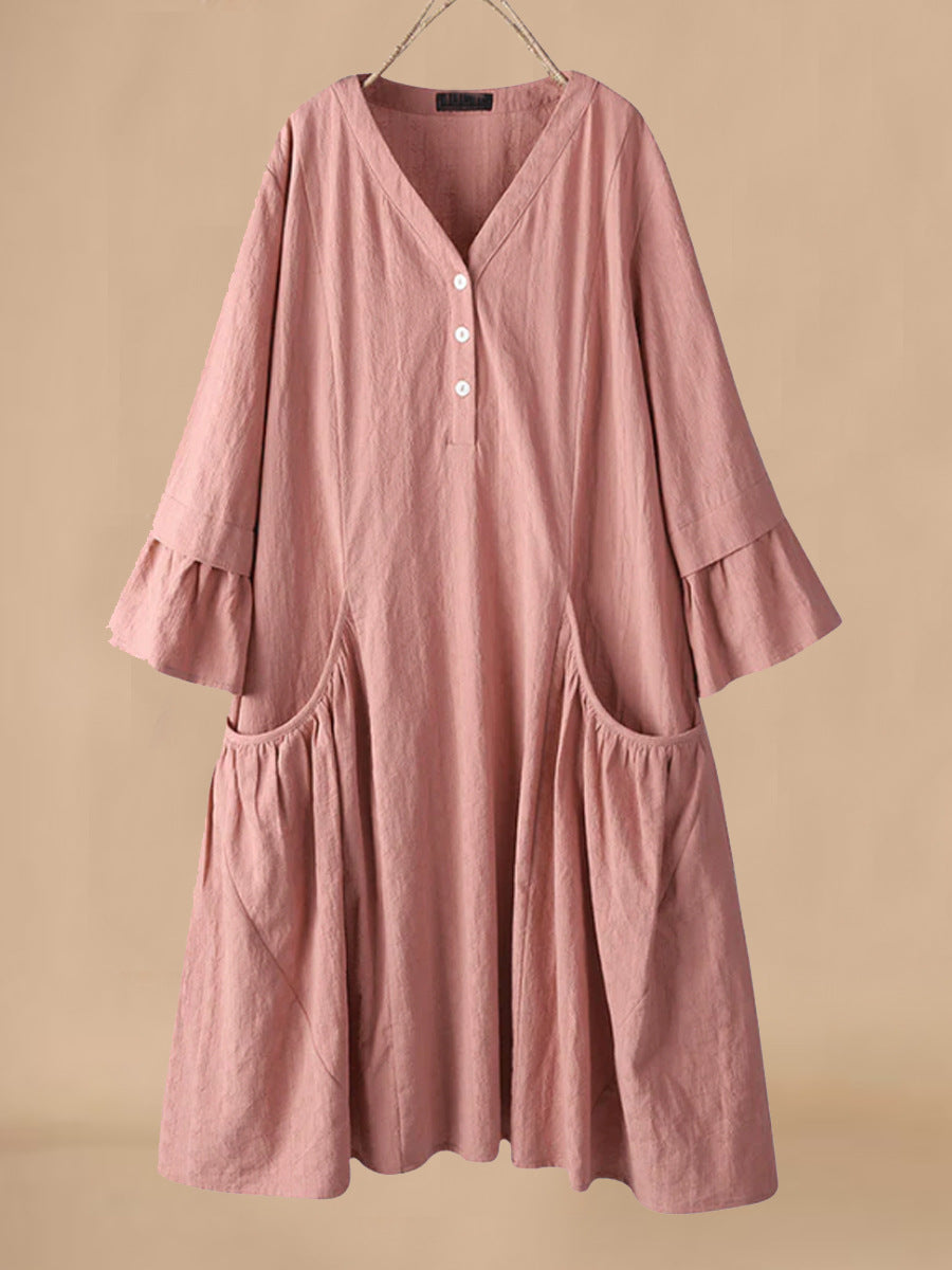 Dress women midi – cotton linen – relaxed fit – V-neck – bell sleeves – pockets