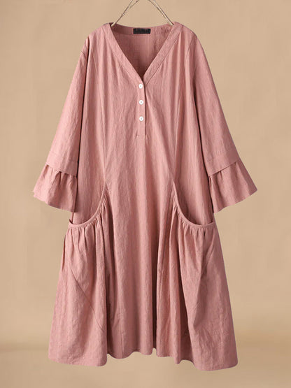 Dress women midi – cotton linen – relaxed fit – V-neck – bell sleeves – pockets