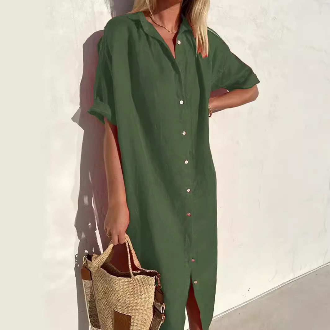 Women's Shirt Dress – Cotton Linen Blend – Relaxed Fit – Knee Length – Short Sleeved