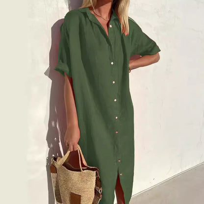 Women's Shirt Dress – Cotton Linen Blend – Relaxed Fit – Knee Length – Short Sleeved
