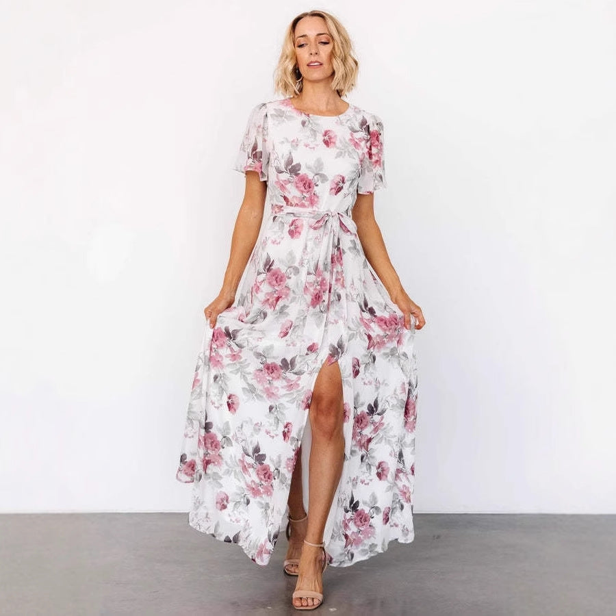 Dress for Women – Maxi – Slim Fit – Short Sleeve – Round Neck – Floral Print – Front Slit