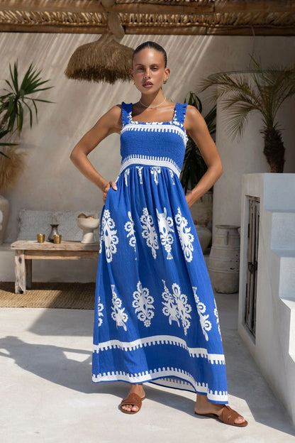Dress woman – cotton – A-line fit – ruched bodice – embroidered – ankle-length