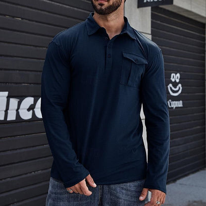 Men's Henley Polo Shirt – Cotton – Regular Fit – Long Sleeves – Chest Pocket