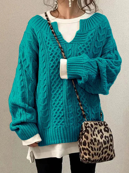 Women's Sweater – Wool Blend – Oversized Fit – Cable Knit – Deep V-neck – Long Sleeved