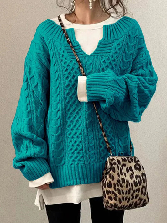 Women's Sweater – Wool Blend – Oversized Fit – Cable Knit – Deep V-neck – Long Sleeved