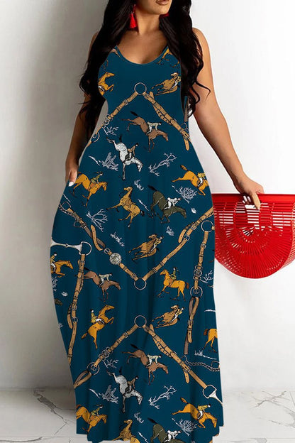 Women's Maxi Dress – Deep V-neck – Spaghetti Straps – Loose Fit – Abstract Pattern