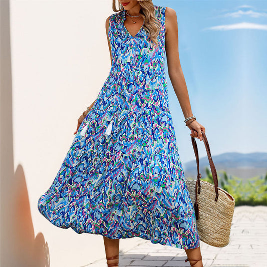 Dress for Women – Sleeveless Midi Dress – V-Neckline – A-Line with Ruffle Layers – Light Cotton