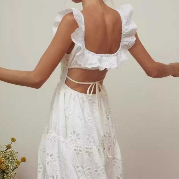 Dress woman – Sleeveless full length – Cotton embroidery – Ruffle straps – Square neckline – High slit
