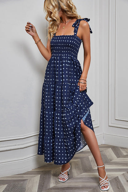 Dress for Women – Smocked Bodice – Tie Straps – A-line with Ruffles – Backless Design