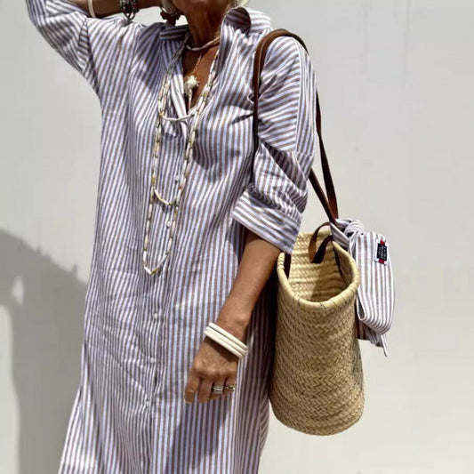 Women's Shirt Dress – Relaxed Fit – Vertical Stripes – Knee-Length with Buttons