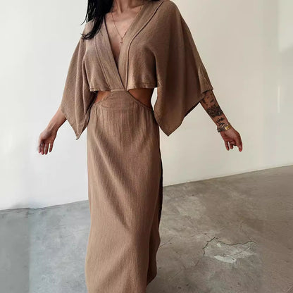 Women's Maxi Dress – Slim Fit – V-Neck – Linen-Cotton Blend – High Slit – Waist Cut-Out