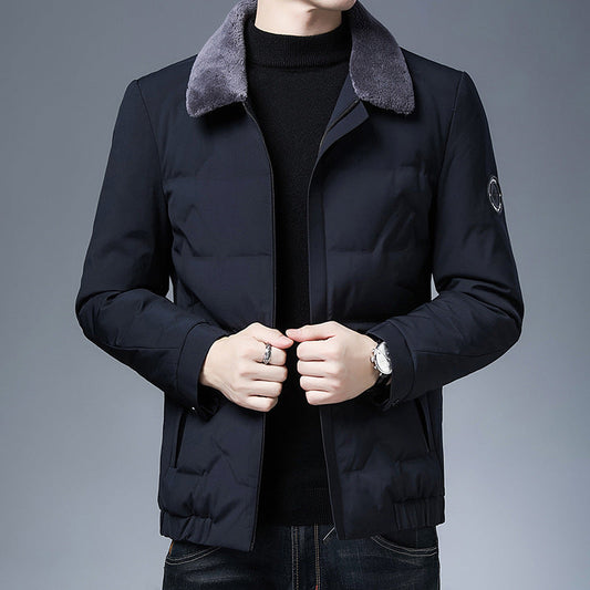 Men's Down Jacket – Slim Fit – Short Length – Removable Fur Collar – Insulating Fabric