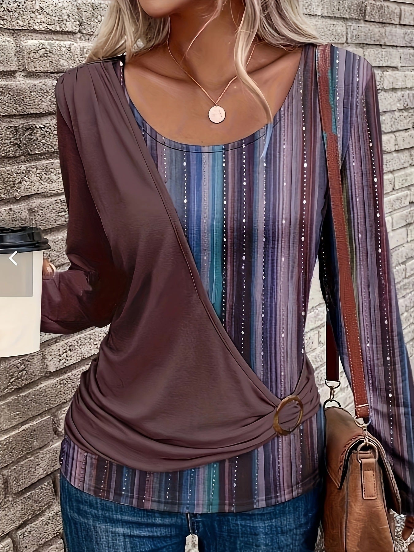 Women's Long-Sleeve Top – Relaxed Fit – Round Neck – Striped Panel Design